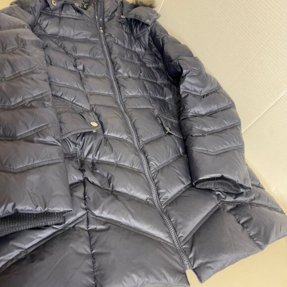 Cleo Navy Blue Long Feather Down Puffer Coat with Faux Fur Hood - Picture 15 of 15